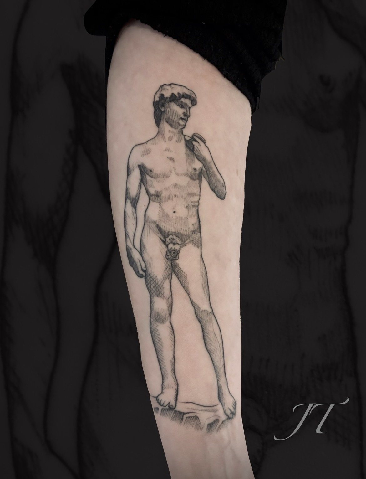 Fine line illustrative classical figure tattoo by Jarlath Tourish at West End Art Collective Galway