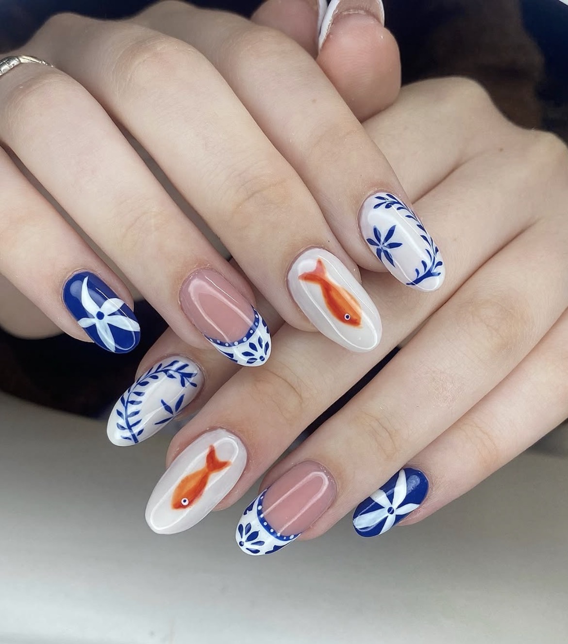 Blue and white floral nail art by PUCA_NAILZ